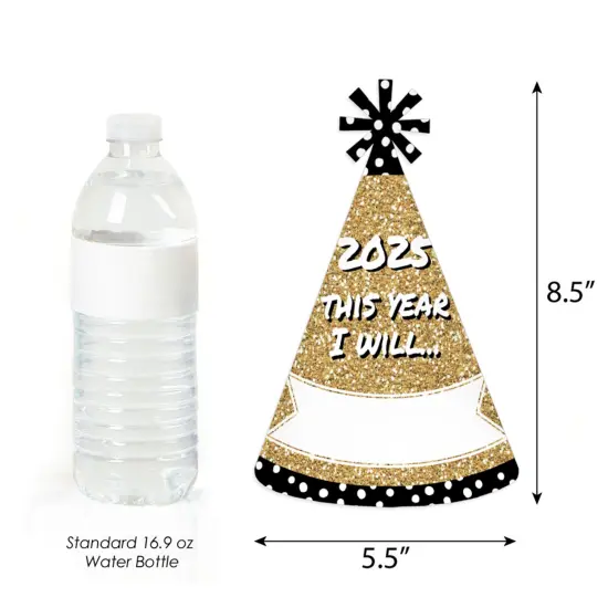 Big Dot of Happiness Pop, Fizz, Clink! Cone Party Hats - 2025 New Year's Eve Resolution Cone Party Hat for Kids and Adults - Set of 8 (Standard Size) {7}