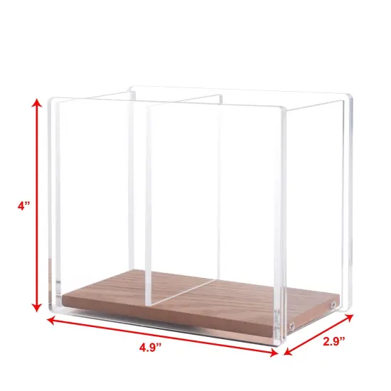 Acrylic Pen Holder, Large Capacity 2 Compartments with Wood Base, Pencil Cup Desk & Makeup Brush Organizer (4.9" x 4" x 2.9") Clear {4}
