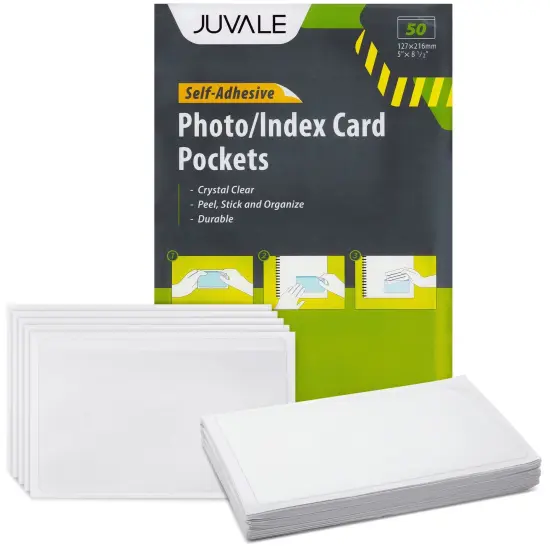 50-Pack Clear Adhesive Pockets Sleeves 5x8 for Index Card and Planners, Bulk Top Load Plastic Label Holder Protector for Photos, Note Cards, Office Supplies, Small Business {1}