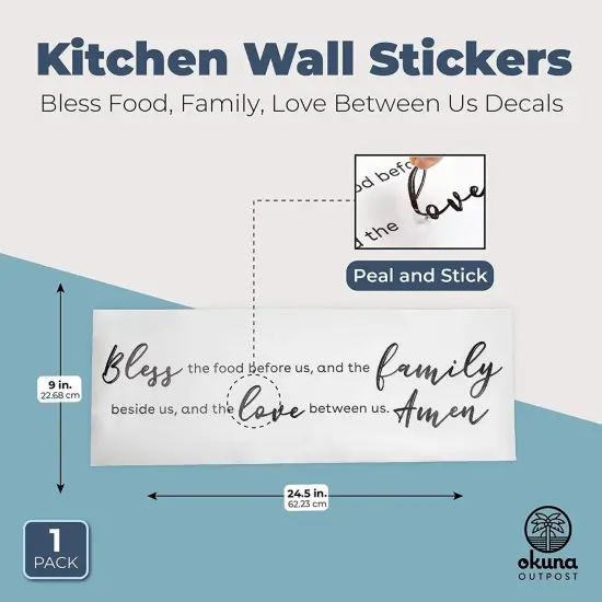Removable Kitchen Wall Stickers, Bless Food, Family, Love Between Us Decals (24.5 x 9 In) Black {2}