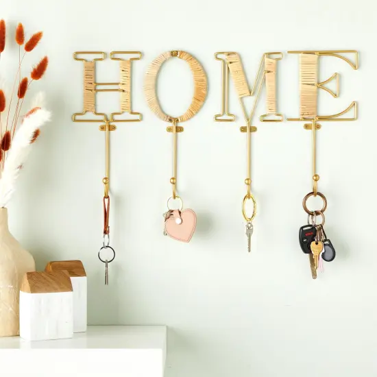 4 Piece Wall Mount Key Holder with 4 Hooks, Rustic Rattan Home Letters for Key Storage (4 x 10 In) Gold {2}