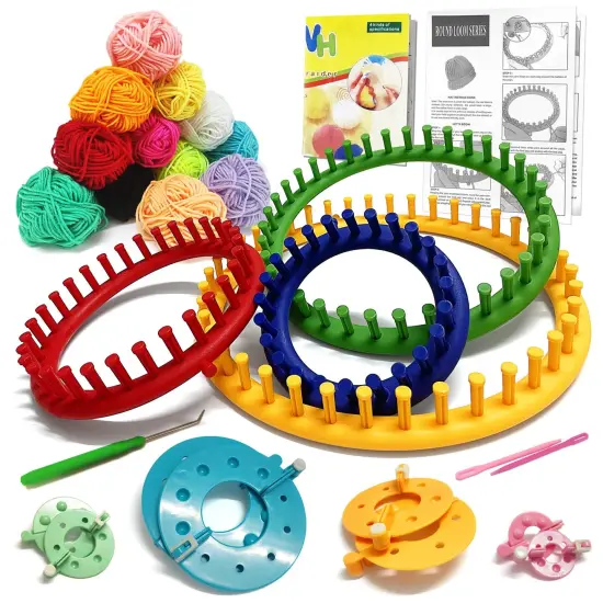 UCDRMA Loom Knitting Kit with Yarn, 23PCS Round Knitting Loom Kit for Beginners Including Instructions and Pom Pom Maker, Easy & Quick Hat Knitting Loom Set/Scarf Loom Knitting Set for Family {1}