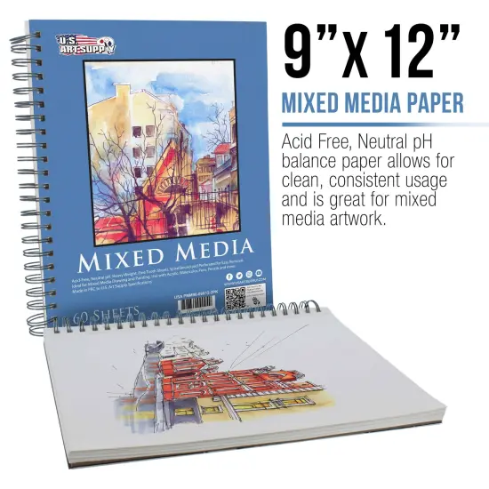 9"x12" Mixed Media Sketchbook, 2 Pack (60 Sheets), 98 lb (160 gsm) - Spiral-Bound Pad with Perforated Acid-Free Paper - Artist Sketch Book For Drawing, Painting, Watercolor {2}