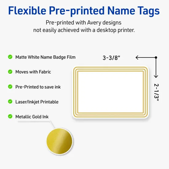 Avery&reg; Printable Rectangle Adhesive Name Tags, Multi-Lined Gold Border Design, 2-1/3" x 3-3/8", Matte White Removable Name Tags, Laser/Inkjet, 80 Total, Great for Name Badges {2}