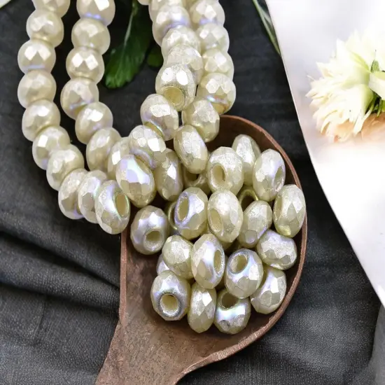 *25* 6x9mm Mercury AB Washed IvoryFaceted Large Hole Rondelle Roller Beads {4}
