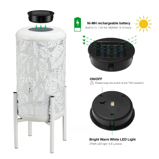Set of 2 14.25"H Metal Cutout Leaves Pattern Solar Powered LED Outdoor Lantern with Stand 2pcs White {4}
