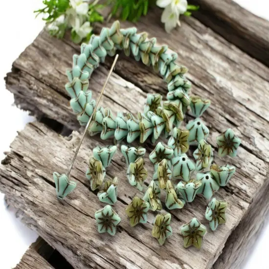 *25* 6x9mm Dark Bronze Washed Opaque Blended Turquoise Amber Bell Flower Beads {2}