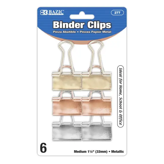 BAZIC Medium 1 1/4" (32mm) Assorted Color Metallic Binder Clip (6/Pack) {1}