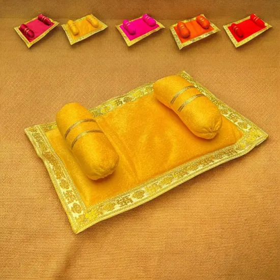 Laddu Gopal Velvet Asan Takiya Pillow Set for Lord Ganesha, Krishna, Kanha Ji, Bal Gopal God Goddess Idol Soft Mattress Cushion/gadda Bed Cum Aasan Set (7x4.5 Inch) Yellow {1}