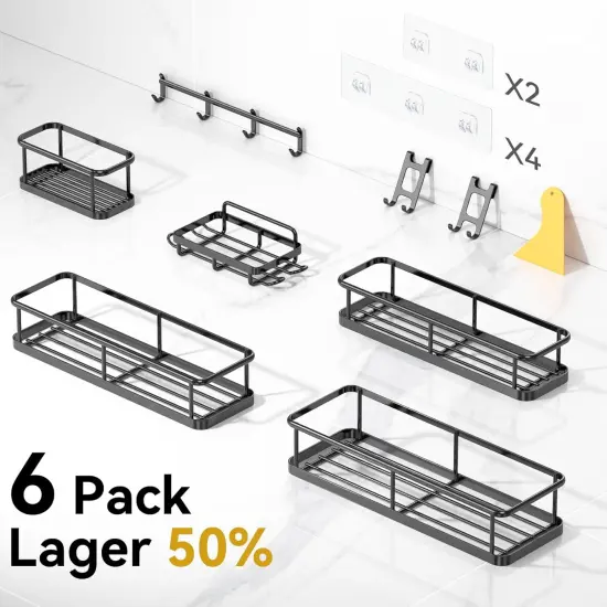 6 Pack Shower Caddy Organizer with Soap Holder and 12 Hooks - Black (L Size) {2}