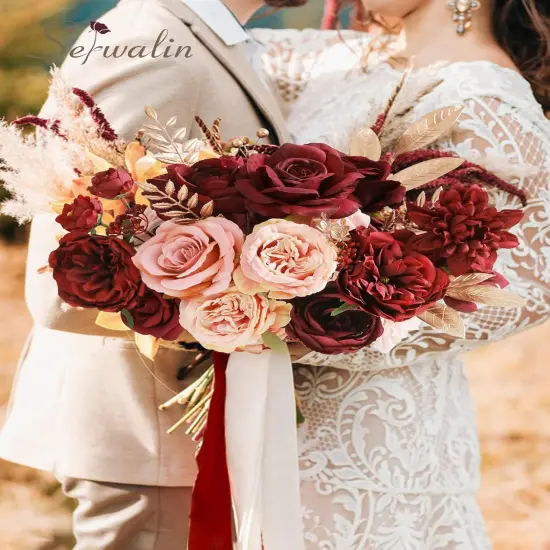 Artificial Flowers Burgundy Pink Fake Flowers Bouquets {2}