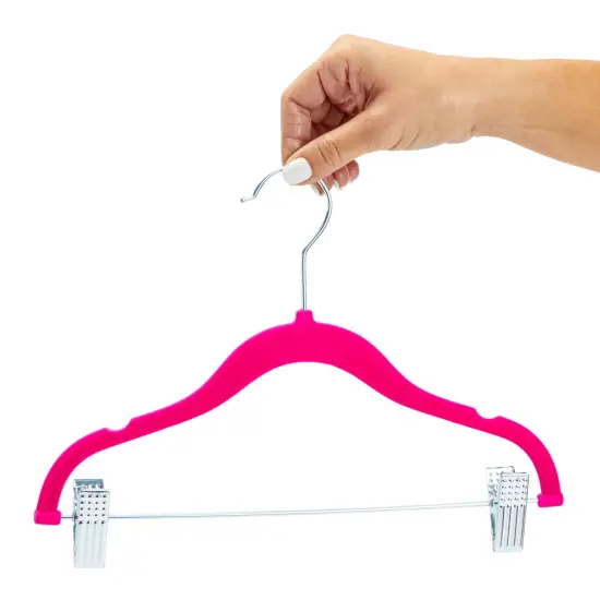 24 Pack Hot Pink Velvet Hangers with Clips for Kids, Baby Nursery, Children's Closet, Dresses, Shirts, Pants, Skirts, Ultra Thin, Nonslip, Space-Saving (12 Inches), Ages 3-14 {3}