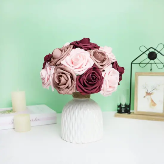 Artificial Flowers 25PCS Real Looking Blush & Dusty Rose & Burgundy Fake Roses {3}