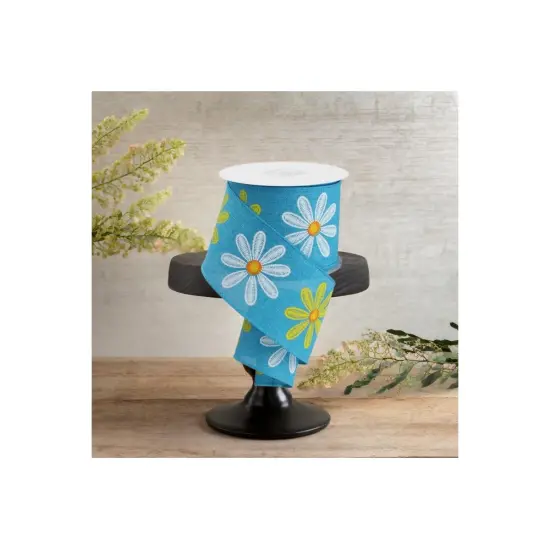 2.5" Embroidered Daisy Ribbon: Turquoise (10 Yards) {3}