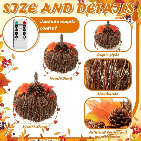 2 Pcs Rattan Lighted Pumpkin Fall Decorations - Brown {3}