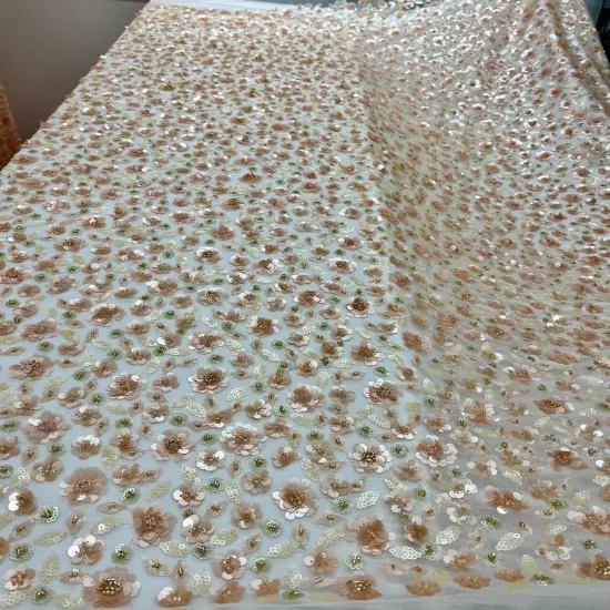 1 Yard Beaded and Sequined Lace Fabric Embroidered Net Mesh 54" Width Peach {1}