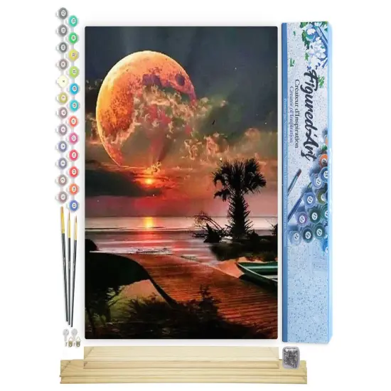 Figured'Art Paint by Numbers Kit for Adults Full Moon and beach front 16"x20" - Craft Art Painting Rolled Canvas with DIY wooden frame {1}