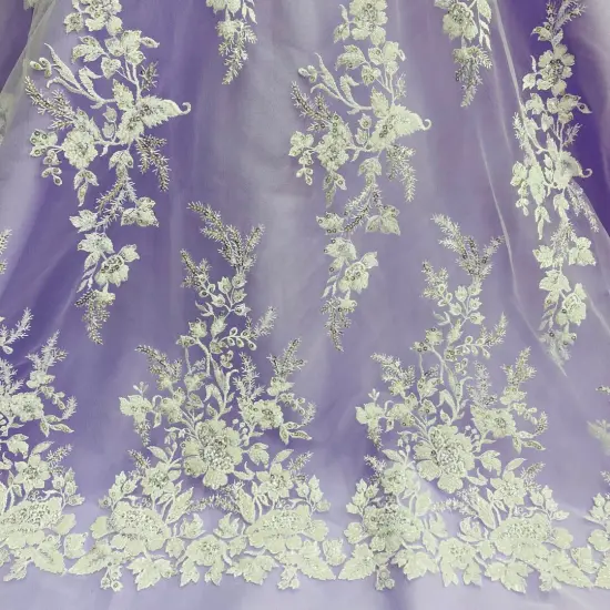 1 Yard Beaded & Sequined Embroidered Lace Fabric on 100% Polyester Mesh, 52" Wide Ivory {1}