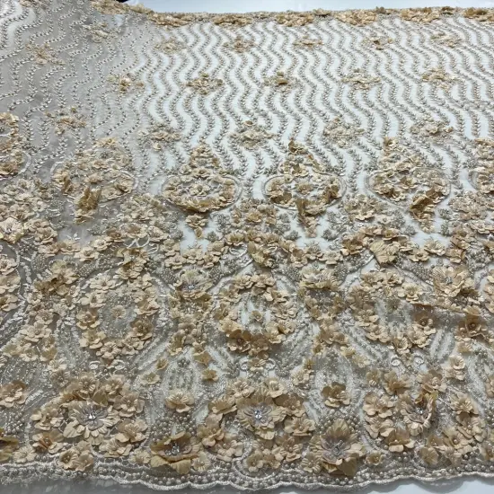 1 Yard Black Beaded 3D Floral Lace Fabric, Embroidered Mesh on 100% Polyester, 48" Wide Champagne {1}