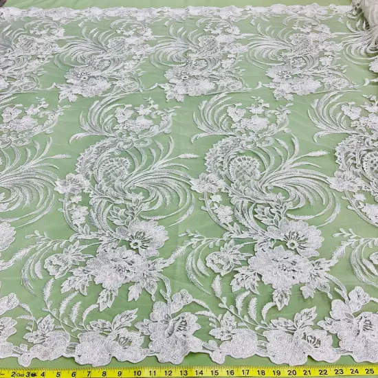 1 Yard Luxurious Corded and Sequined Bridal Lace Fabric Embroidered on 100% Polyester Net Mesh 54" Width Ivory {1}