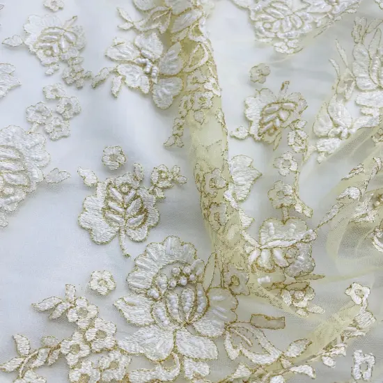 1 Yard Elegant Beaded Lace Fabric Embroidered on 100% Polyester Net Mesh Ivory with Gold 54" Width {1}