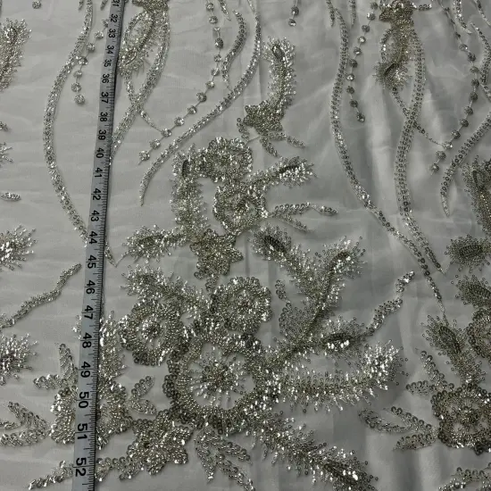 1 Yard Beaded Lace Fabric on 100% Polyester Net Mesh, Embroidered Lace Fabric, 52" Width Antique Silver {4}