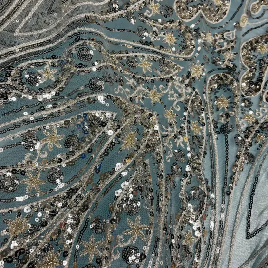 1 Yard Beaded Lace Fabric on 100% Polyester Net Mesh, Embroidered Lace Fabric, 54" Wide, Elegant Textile for Dressmaking & Crafts Silver {7}