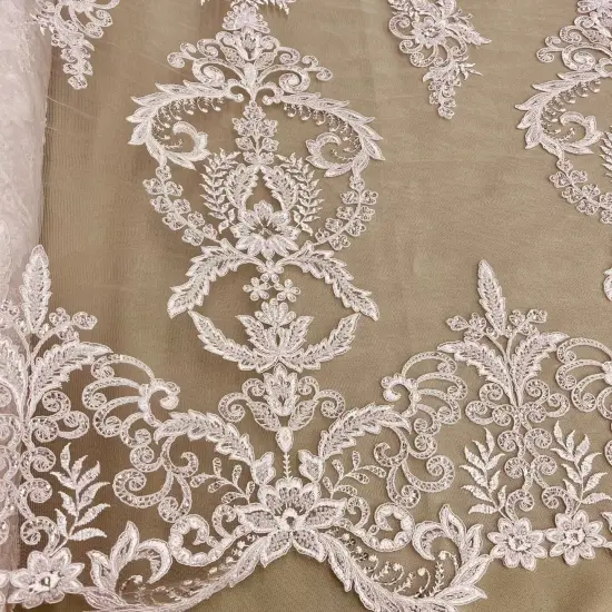 1 Yard Beaded & Corded Bridal Lace Fabric, Embroidered Mesh Net, 51&rdquo; Wide, 100% Polyester White {5}