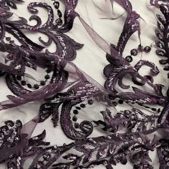 1 Yard Luxurious Beaded and Corded Bridal Lace Fabric Embroidered on 100% Polyester Net Mesh Blush 54" Width Grey {2}