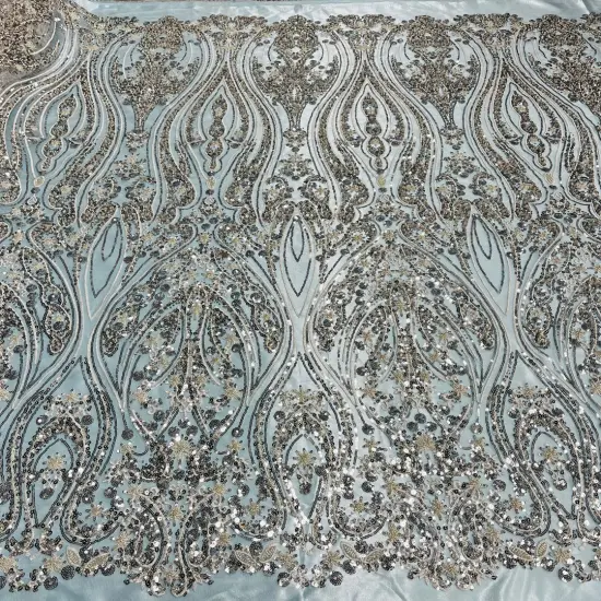 1 Yard Beaded Lace Fabric on 100% Polyester Net Mesh, Embroidered Lace Fabric, 54" Wide, Elegant Textile for Dressmaking & Crafts Silver {1}