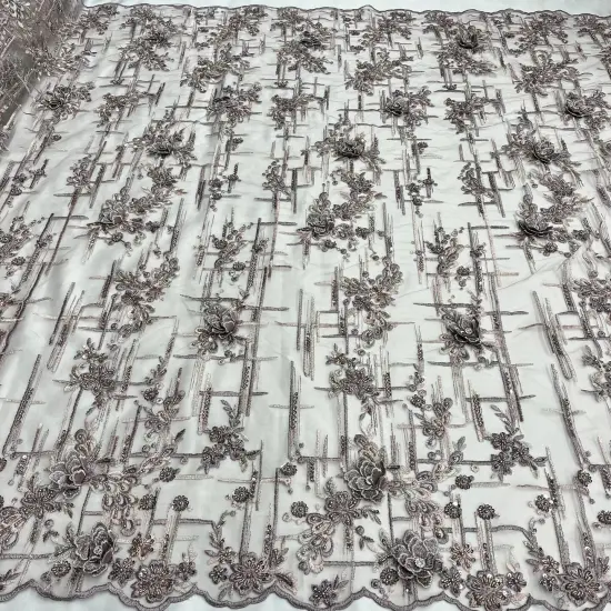 1 Yard Beaded Rhinestone 3D Floral Lace Fabric for Wedding Gowns and Dance Costumes 50" Width Grey {2}