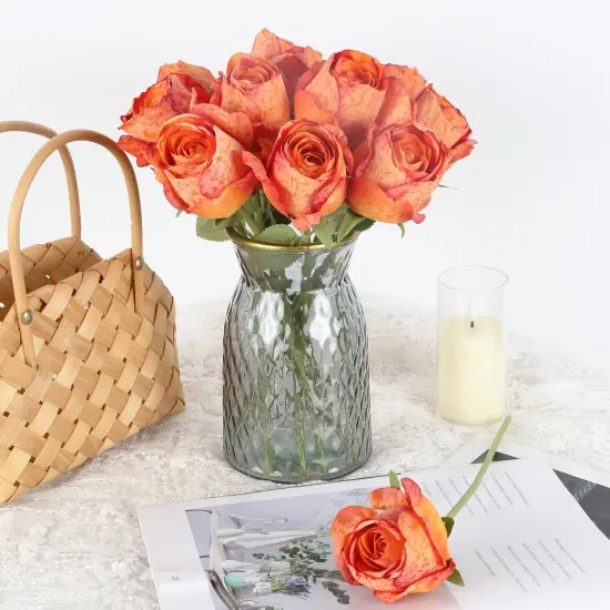 Artificial Rose Silk Flowers 2 Bouquets Vintage Roses 12pcs Orange Fake Rose with Single Long Stems Faux Flower for Home Table {2}