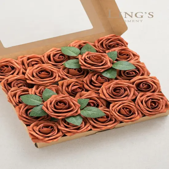 25Pcs Artificial Flowers - 3" Burnt Orange Roses withj Stems {4}