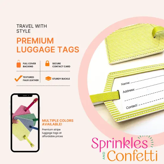 Citrus Lime Stripe Luggage Tag Set | Vegan Leather Travel Accessory | 2-Pack {3}