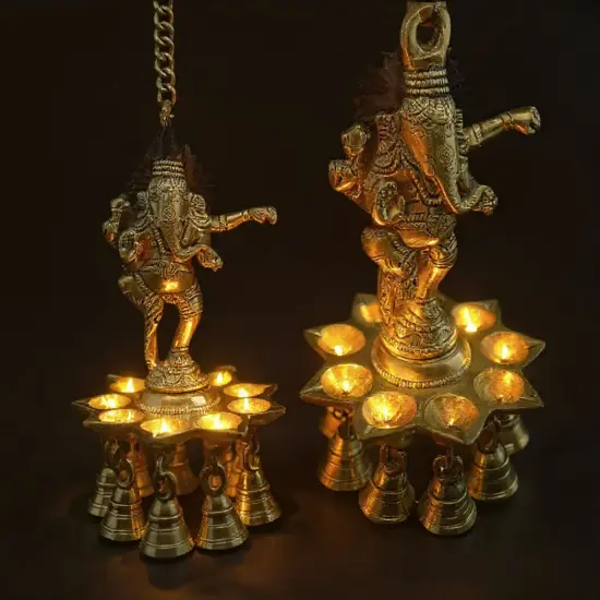 Brass Ganesha Wall Hanging Diya with Bells Ganesh Hanging Idol Oil Lamp Diya for Home Temple Mandir Office Diwali Decor Kathu Vilakku Puja Diyas - Deepawali Housewarming Return Gifts {6}