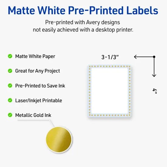 Avery Printable Rectangle Labels, Gold Dots with Blue Border, 4" x 3-1/3", Matte White Rectangle Labels, Permanent, Laser/Inkjet, 40ct, Great for Product Labels {2}
