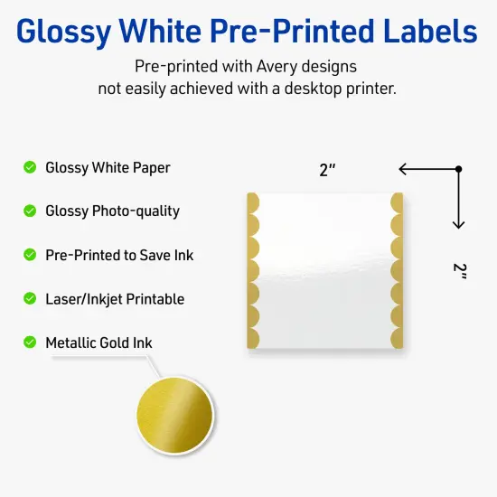 Avery Printable Square Labels, Gold Edge Dots, 2" x 2", Glossy White Square Labels, Permanent, Laser/Inkjet, 120ct, Great for Product Labels {2}