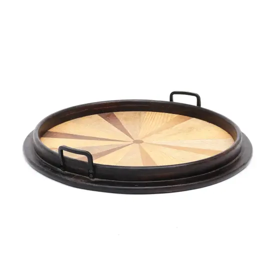 Round Wooden Serving Tray with Sunburst Inlay &ndash; 23.5" Decorative Tray with Black Rim & Handles {5}