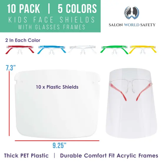 Salon World Safety Kids Face Shields with Glasses Frames (10 Pack) - 5 Colors, 2 Each - Protective Children's Full Face Shields - Anti-Fog PET Plastic {2}