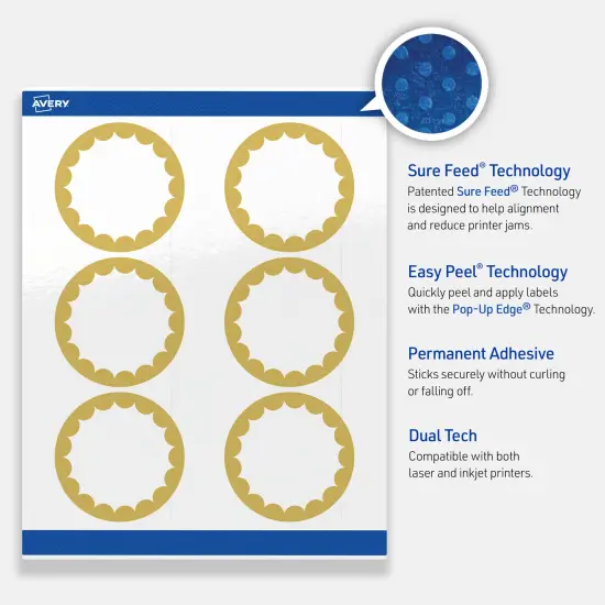 Avery Printable Round Labels, Gold Edge Dots, 3" Diameter, Glossy White Round Labels, Permanent, Laser/Inkjet, 60ct, Great for Product Labels {3}