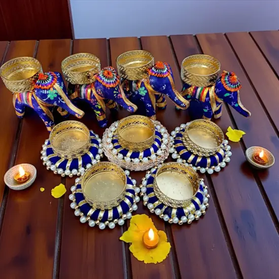 Elephant Tealight Rangoli Candle Holders Festival of Light Decorative Candle Stand for Diwali Christmas Thanksgiving Housewarming Gift T-light Holder for Centerpiece Dining Table Home Decor BLUE {7}
