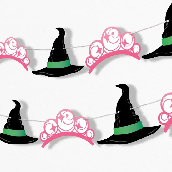 Big Dot of Happiness Witch Garland Banner, Birthday or Halloween Party Decor Backdrop, 30 Feet of Cord, 15 Paper Witch Hat and Pink Crown Shapes {1}