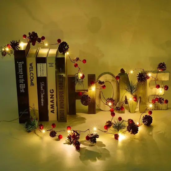 6.7FT Christmas Garland with Lights, 20 LED Red Berry Pine Cone Garland Lights Battery Operated {4}