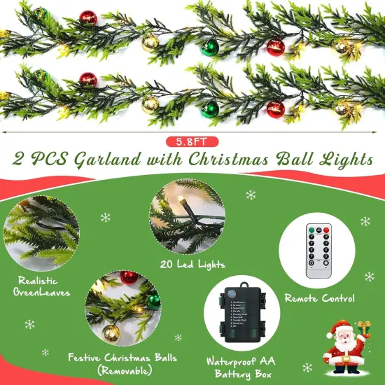 2 Pcs Prelit Christmas Garland with Lights, 12ft 20 Christmas Balls LED Lighted {2}