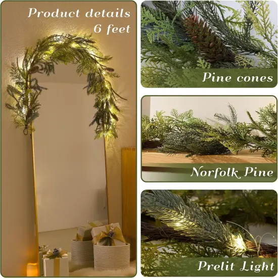 Christmas Garland with Lights, Prelit 6ft Lighted Norfolk Pine Garland, Battery Operated Artificial Greenery Christmas {3}