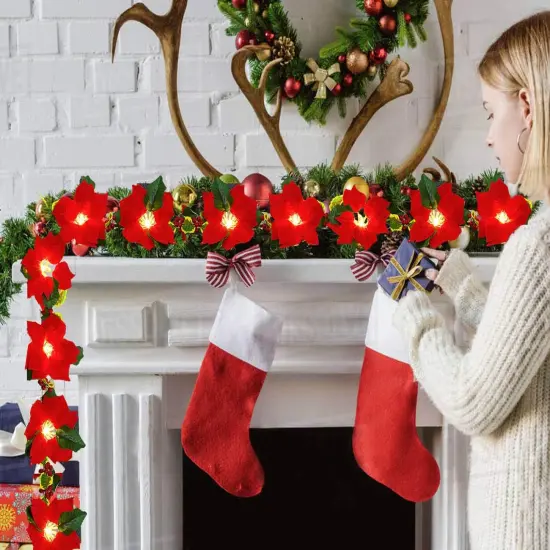 6.5Ft Lighted Poinsettia Christmas Garland with Red Berries and Holly Leaves, {1}
