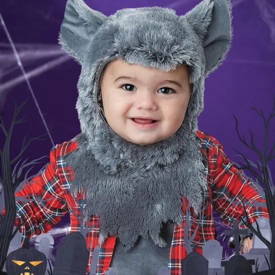 Infant Wittle Werewolf Costume with Fur Hood and Plaid Shirt {5}