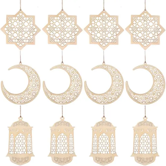 Willbond 12 Pcs Ramadan Wooden Ornaments Eid Mubarak Hanging Hollow Pendant Ramadan Party Wall Decorations Moon Star Lantern Shape Ornament for Muslim Islam Festive Home Table Decoration {1}