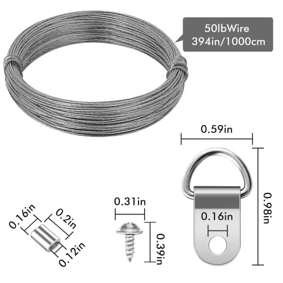 Picture Hanging Hardware with Wire - ROBUST 91pcs Picture Hanging Kit, Wall Hooks for Hanging Pictures with Wire, Screw, D Ring, Loop Sleeves for Picture Frame, Mirror, Art(N8) {3}