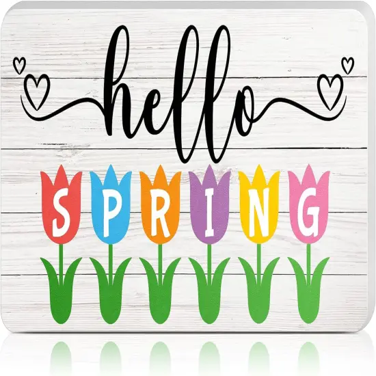 Hello Spring Wood Sign for Home Farmhouse Decor 9 x 5.3 Inch Spring Table Centerpiece Freestanding Decor Wooden Cutout Decoration {1}